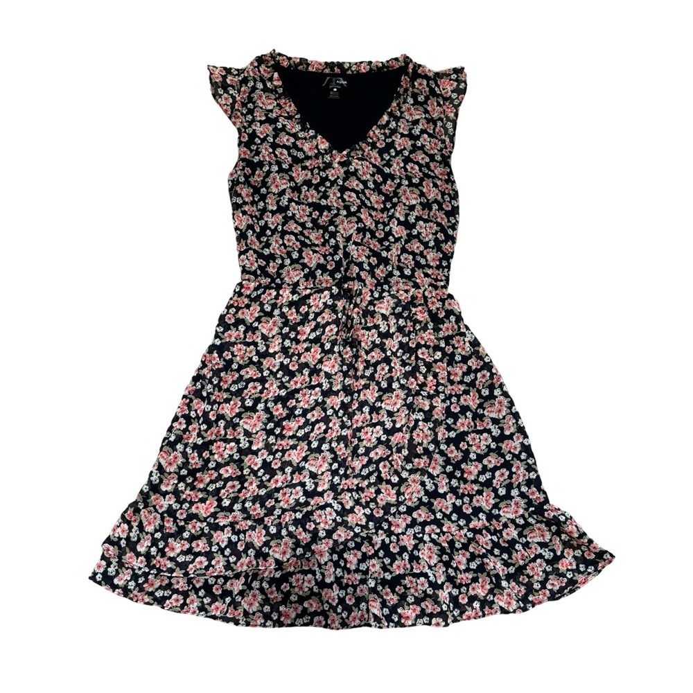 Aqua Floral Mini Dress | Ruffle Hem V-Neck Tie Waist Sleeveless | Size Small